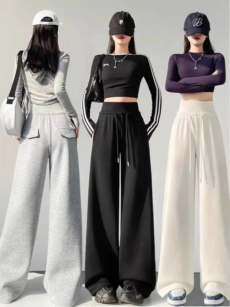 Gray high-waist loose wide-leg straight pants for women, casualwear by Plush Fashion Hub, displayed on a model.