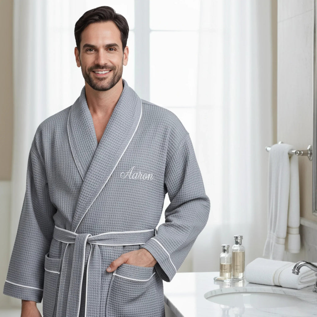 Gray Lotus Linen men's waffle piping robe with contrast piping, soft and comfortable for lounging or relaxing at home.