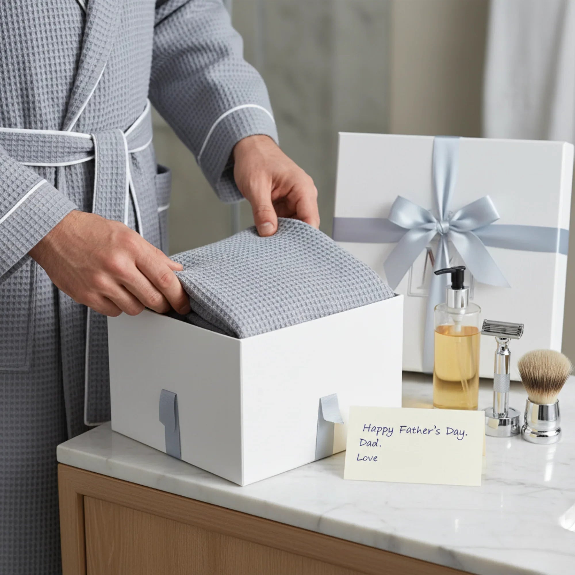 Gray men's waffle piping robe by Lotus Linen, made of soft, textured fabric for comfort and style.