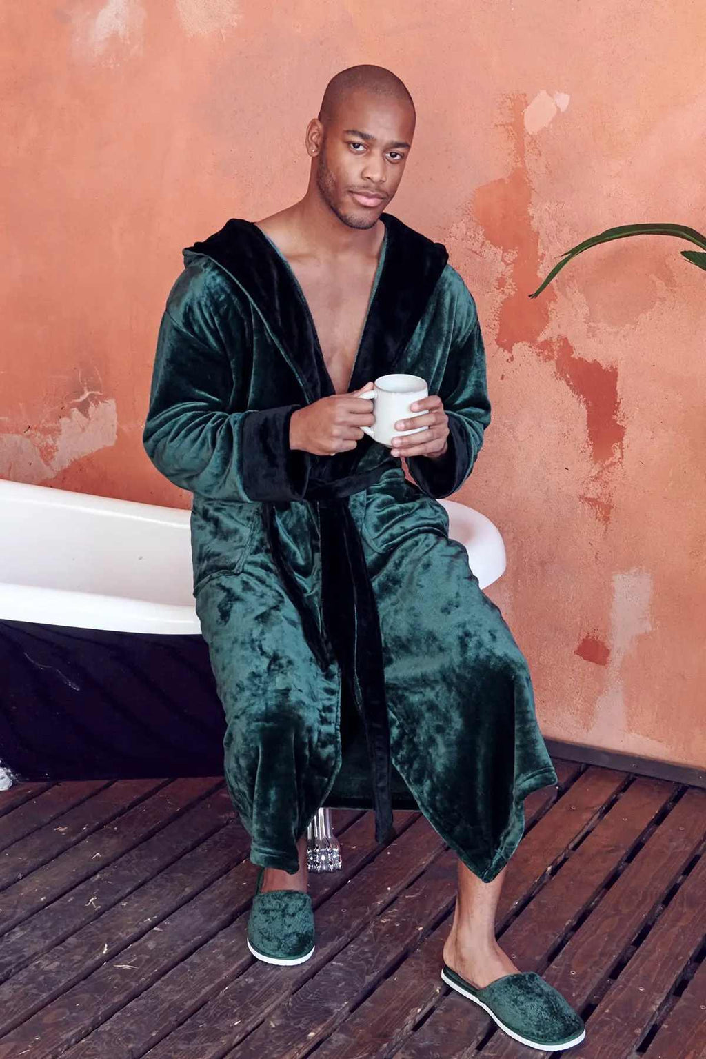 Green men's hooded robe by Lotus Linen, ultra-soft plush fabric with a cozy hood, perfect for comfortable everyday wear.