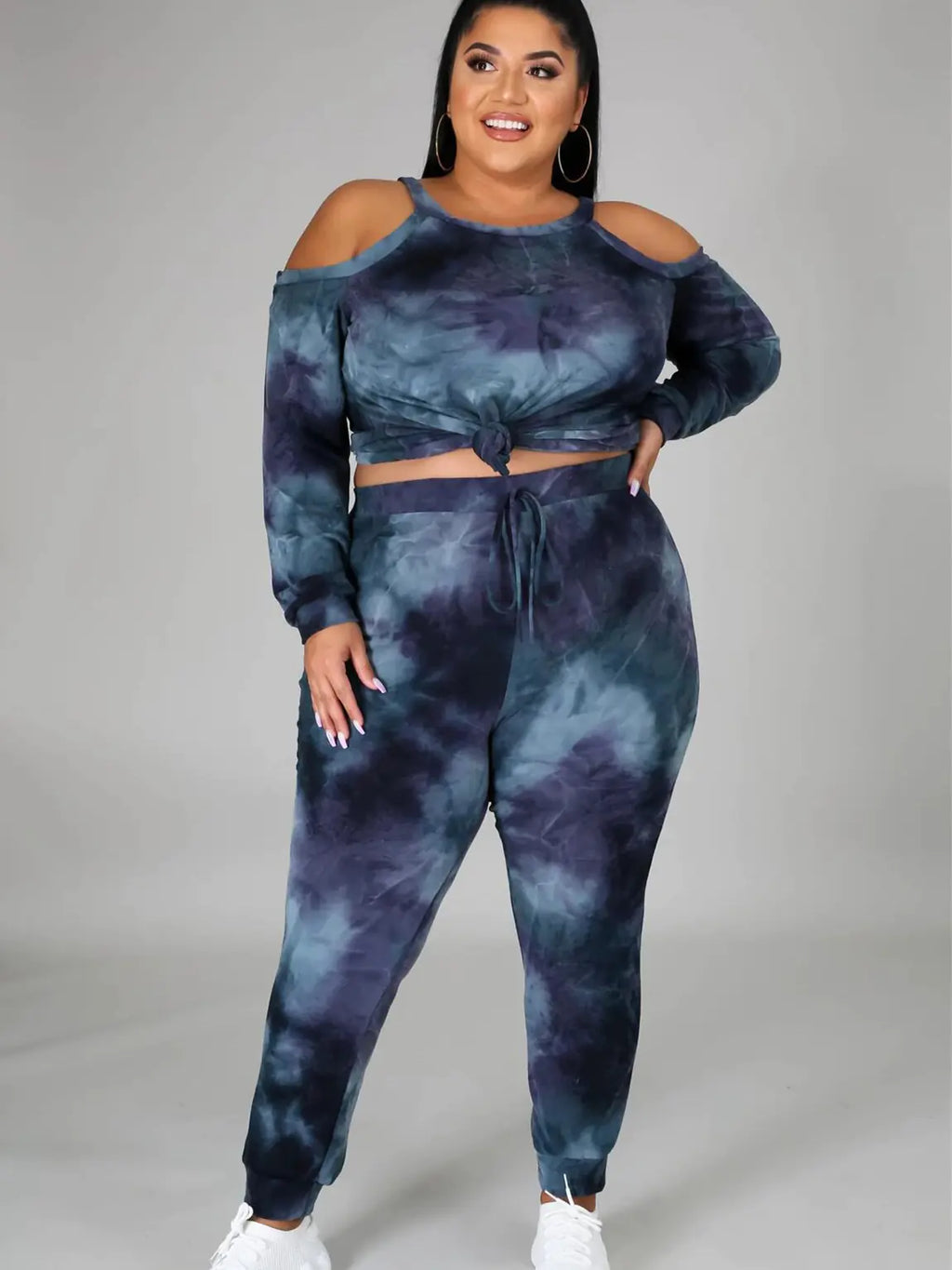 Plus size women's off-shoulder tie-dye casual suit, stylish plus size outfit with relaxed fit and trendy design from Trendy Attic Store01.