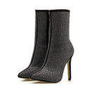 Women rhinestone high heel boots with pointed toe, stylish Trendy Attic Store01 footwear featuring sparkling embellishments and sleek design.