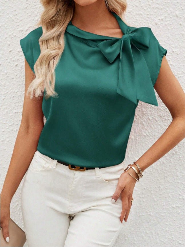 Bella Mia satin women's top with half-open collar, bow detail, and special interest design, stylish satin T-shirt for women.