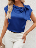 Bella Mia satin women's top with a half-open collar, bow detail, and special interest design, perfect for stylish casual wear.