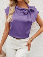 Bella Mia satin women's top with half-open collar and bow design, featuring a special interest pattern and stylish T-shirt style.