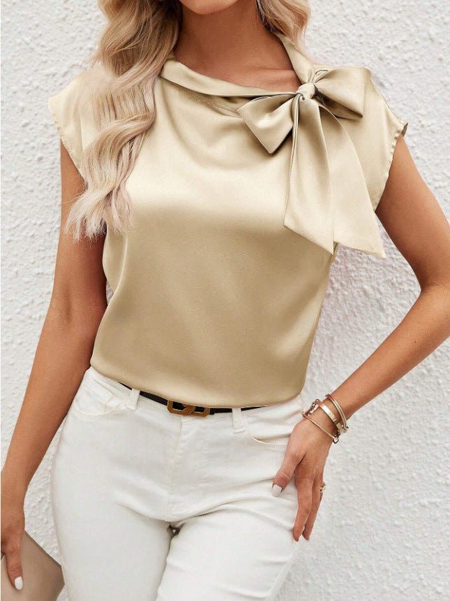 Bella Mia satin women's T-shirt with half-open collar and bow detail, featuring a special interest design.