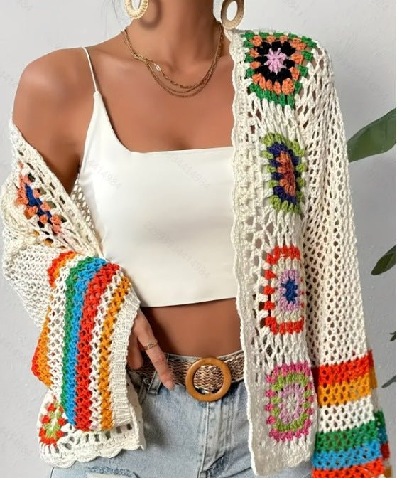 Hand-crocheted knitted cardigan for women by FitiqueFit, featuring soft, textured yarn and a cozy, stylish fit.