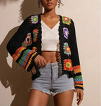 Hand-crocheted knitted cardigan for women by FitiqueFit, featuring cozy, textured knit with long sleeves and a relaxed fit.