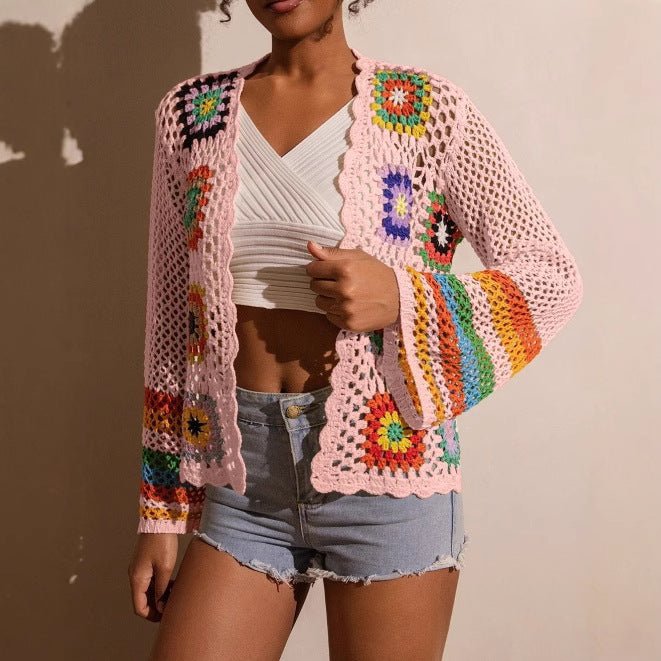 Hand-crocheted knitted cardigan for women by FitiqueFit, featuring a cozy, textured design with long sleeves and a button-up front.