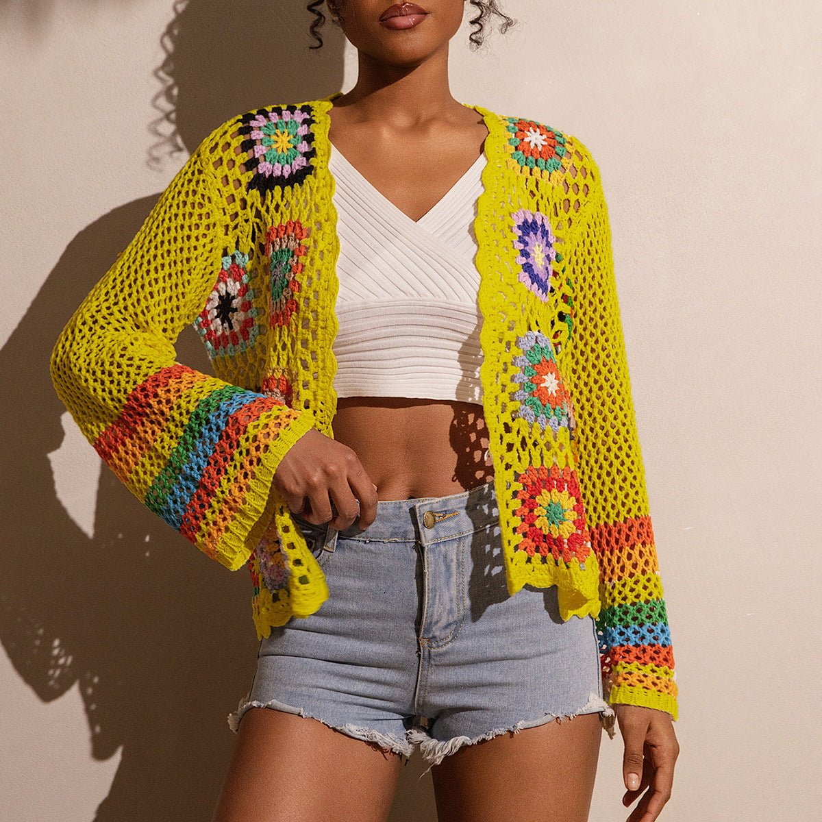 Hand-crocheted knitted cardigan for women in soft yarn, featuring a cozy, stylish design by FitiqueFit.