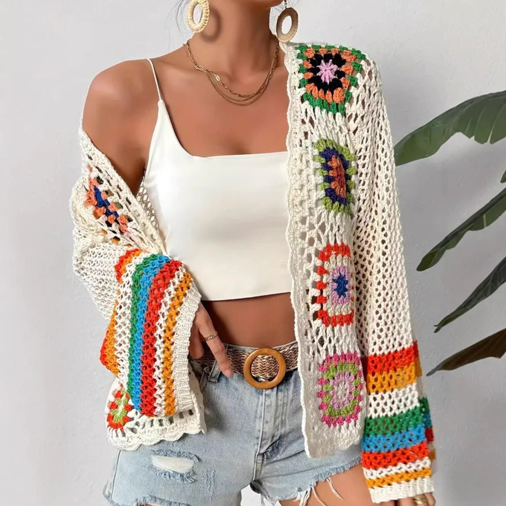Hand-crocheted knitted women's cardigan by FitiqueFit featuring a cozy, textured design and long sleeves.