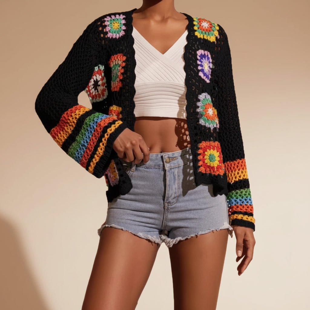 Hand-crocheted knitted women's cardigan by FitiqueFit, featuring a cozy, textured design and long sleeves.