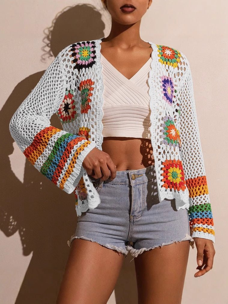 Hand-crocheted knitted women's cardigan by FitiqueFit, featuring a cozy, textured design with long sleeves and a button-up front.