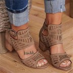 Close-up of trendy cutout floral chunky heels women's sandals in beige with floral cutouts and ankle straps, stylish women’s shoes.