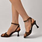 High-grade leopard print French stiletto sandals for women with ankle straps and pointed toes, stylish footwear by FitiqueFit.