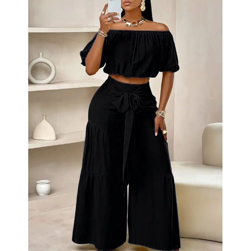 High-waist flared pants and top two-piece casualwear set in 7 colors from FitiqueFit, available in sizes S to 2XL.