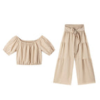 High-waist flared pants and matching top two-piece casualwear set in seven colors, size S to 2XL, by FitiqueFit.