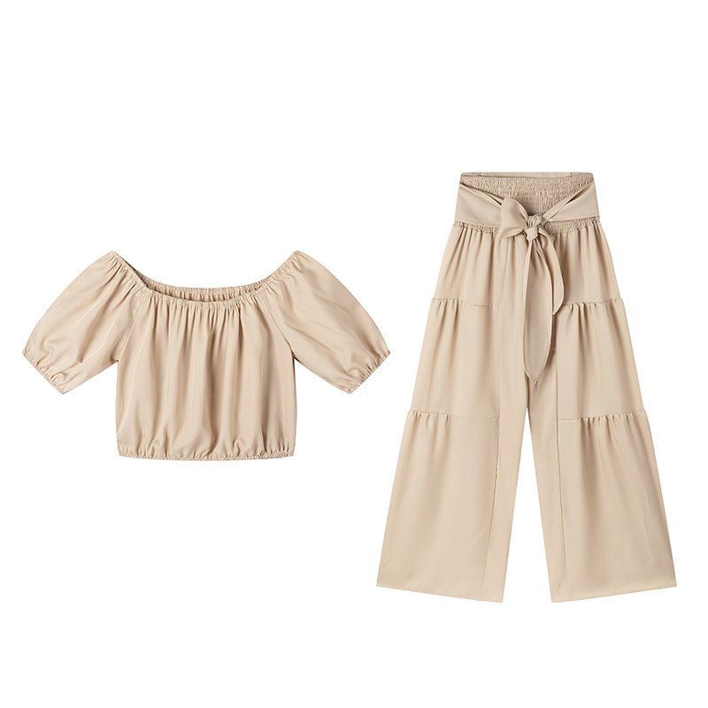 High-waist flared pants and matching top two-piece casualwear set in seven colors, size S to 2XL, by FitiqueFit.