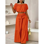 High-waist flared pants and matching top two-piece set in 7 colors, casualwear from FitiqueFit, available in S–2XL.