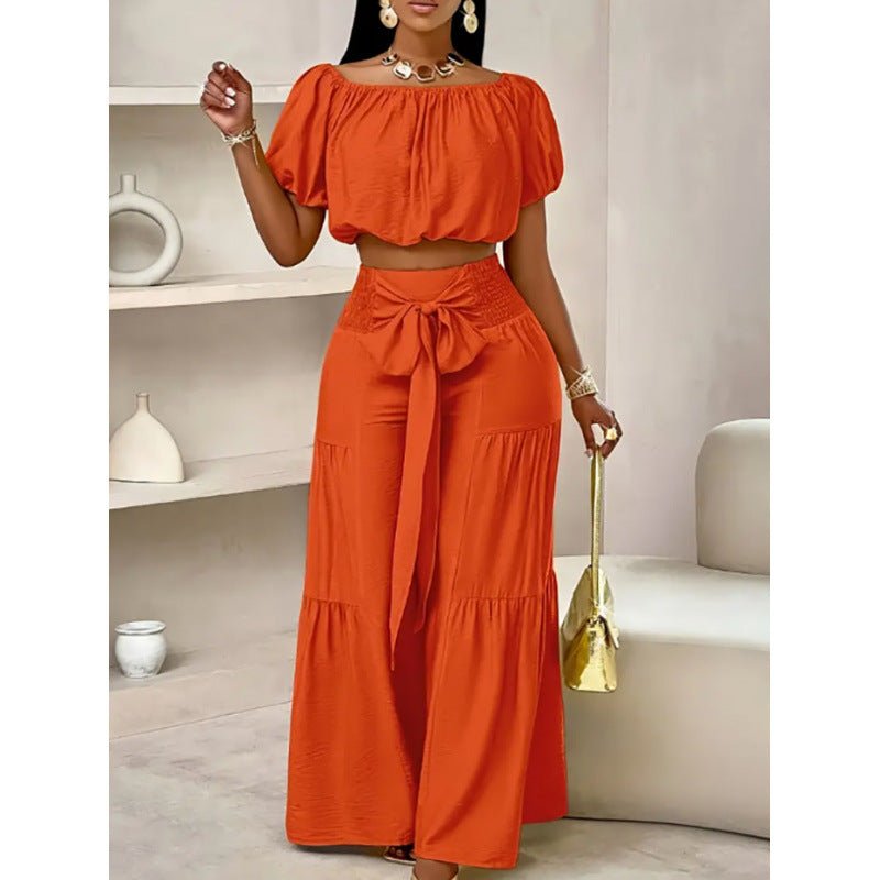 High-waist flared pants and matching top two-piece set in 7 colors, casualwear from FitiqueFit, available in S–2XL.