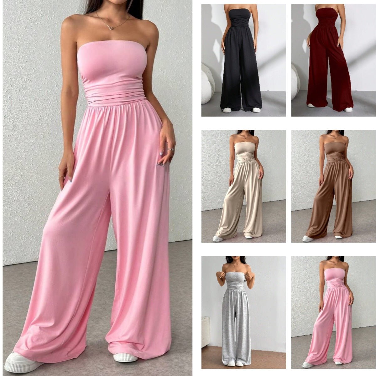 FitiqueFit high-waist wide-leg pants and tube top set in 6 colors, casualwear for sizes S to 2XL, shown in a stylish outfit.