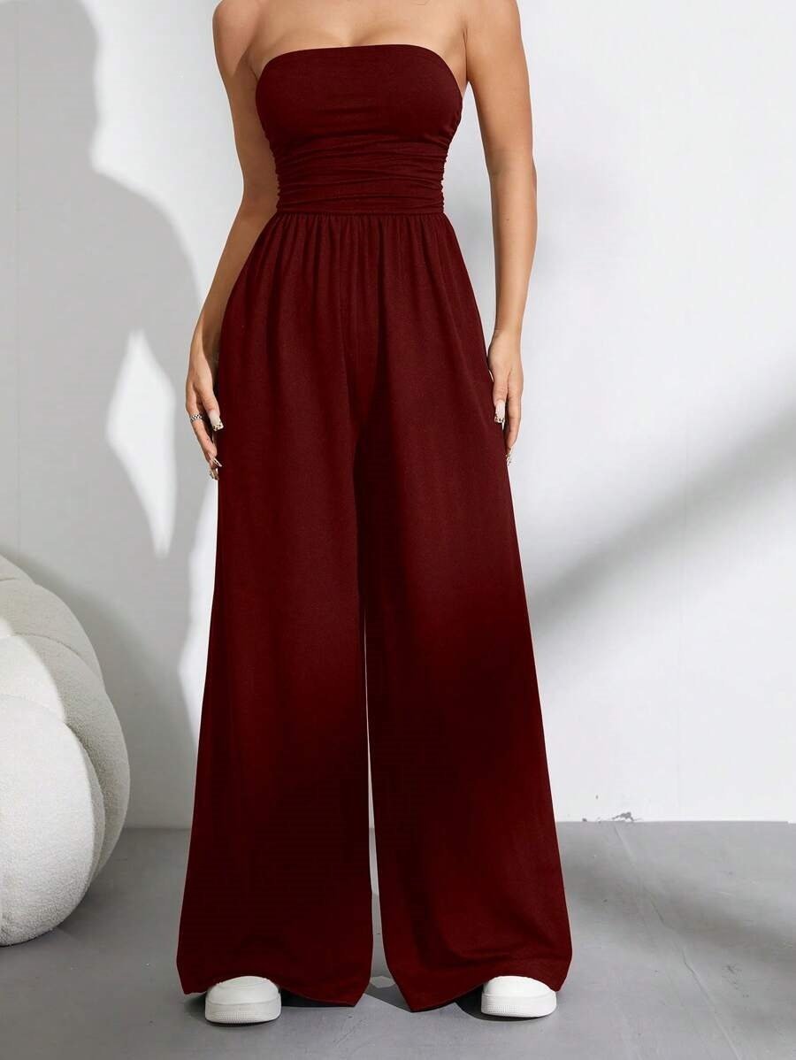 Casual wear set with high-waist wide-leg pants and tube top by FitiqueFit in six colors, available in sizes S to 2XL.