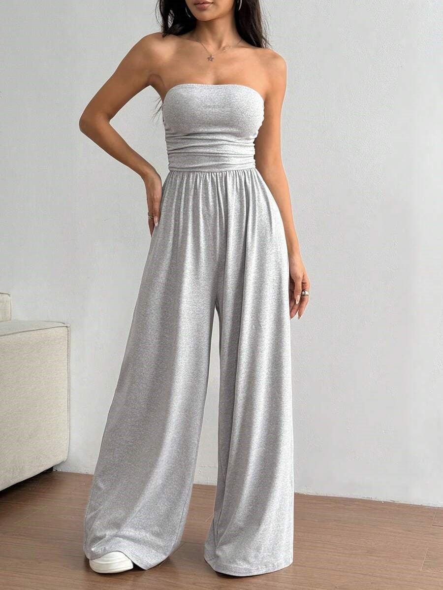 FitiqueFit high-waist wide-leg pants and tube top set in six colors, casualwear for sizes S to 2XL, shown in natural fabric and style.