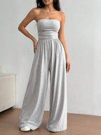 FitiqueFit high-waist wide-leg pants and tube top set in six colors, casualwear for sizes S to 2XL, shown in natural fabric and style.