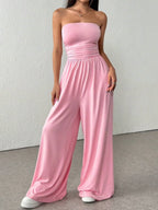 FitiqueFit high-waist wide-leg pants and tube top set in six colors, casualwear for sizes S to 2XL, shown in a stylish outfit.
