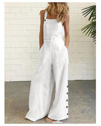 High-waisted sleeveless denim jumpsuit by FitiqueFit with wide-leg design in 8 colors, available in sizes S to 2XL.