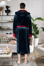 Lotus Linen men's hooded bathrobe made of ultra-soft plush fabric, featuring a cozy hood and comfortable fit for everyday wear.