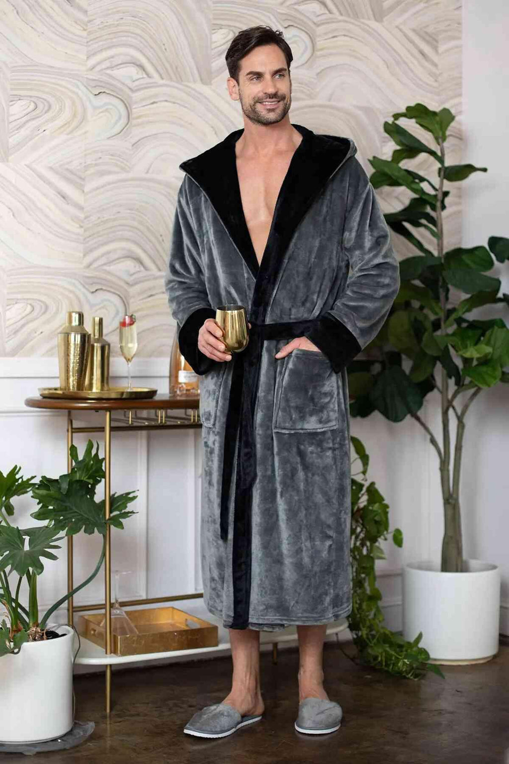 Men’s hooded bathrobe by Lotus Linen, ultra-soft plush fabric with a cozy hood for comfortable everyday wear.