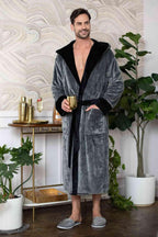 Men’s hooded bathrobe by Lotus Linen, ultra-soft plush fabric with a cozy hood for comfortable everyday wear.