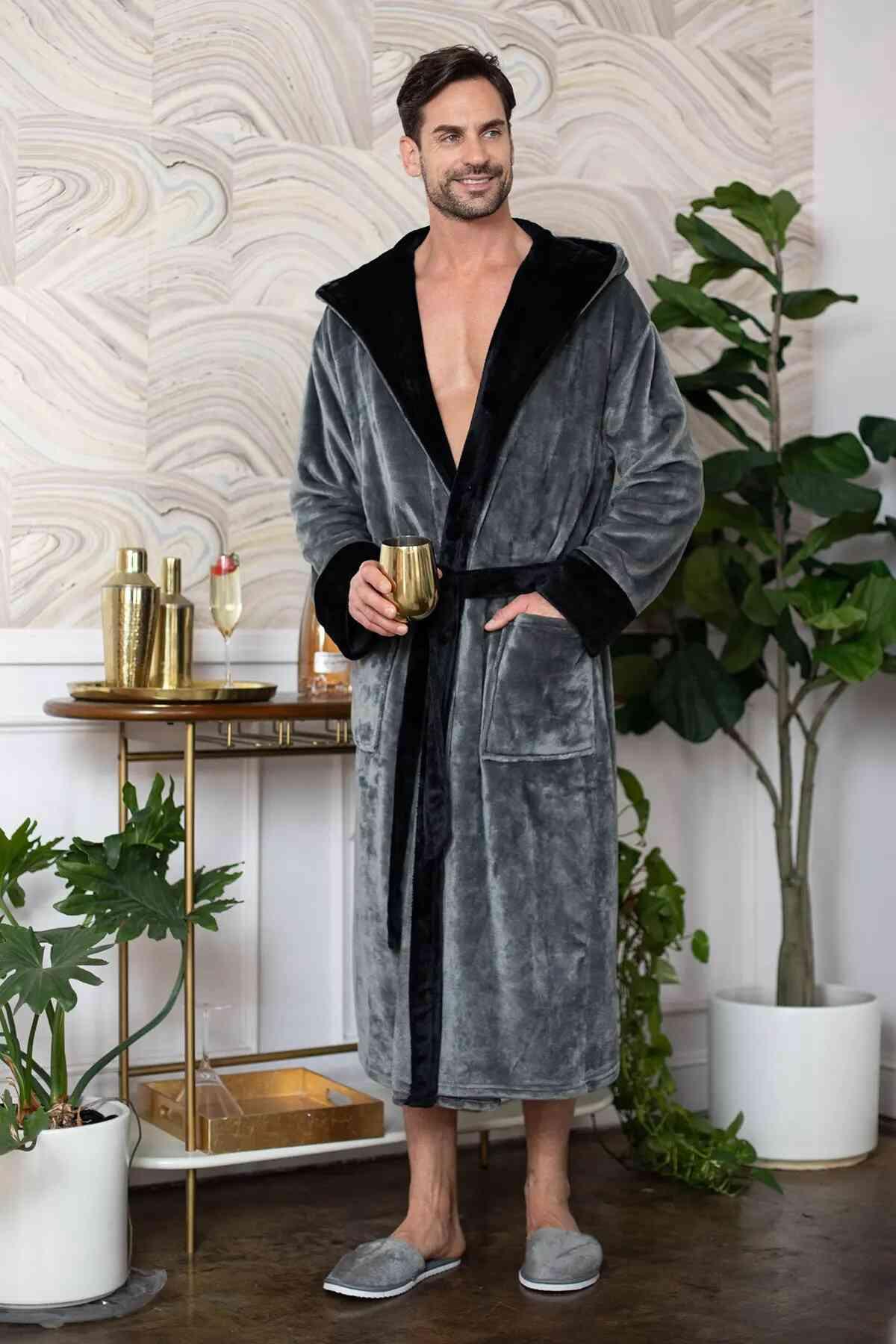 Men’s hooded bathrobe by Lotus Linen, ultra-soft plush fabric with a cozy hood for comfortable everyday wear.