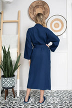 Lightweight women's waffle robe from Lotus Linen, quick-dry spa-style bathrobe with comfortable, textured fabric, ideal for relaxing.