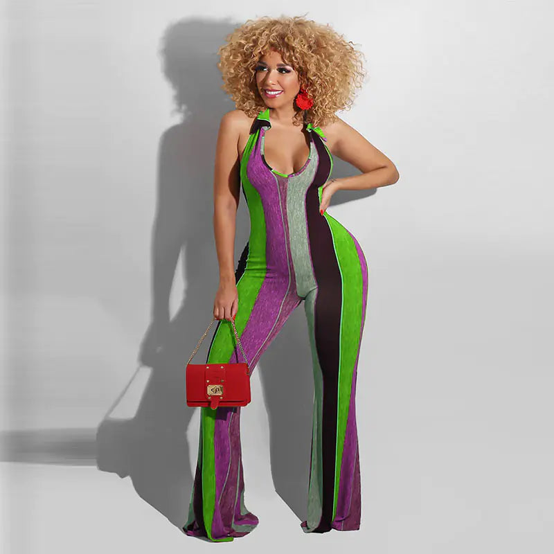 Women’s striped halter jumpsuit with horn details, stylish and bold, from Trendy Attic Store01.