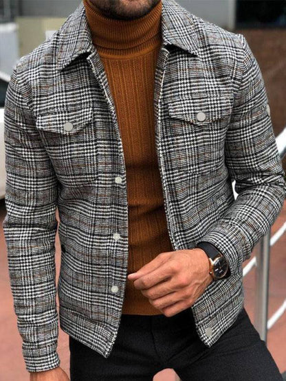 Slim casual fashion autumn plaid men's coat with flap pockets and woven lattice pattern.