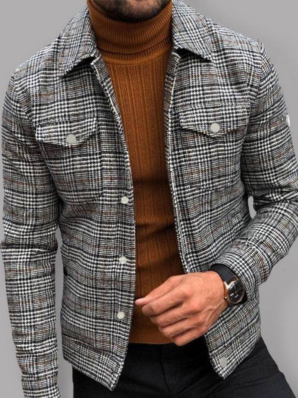 Slim casual autumn plaid men's coat with flap pockets and long sleeves.