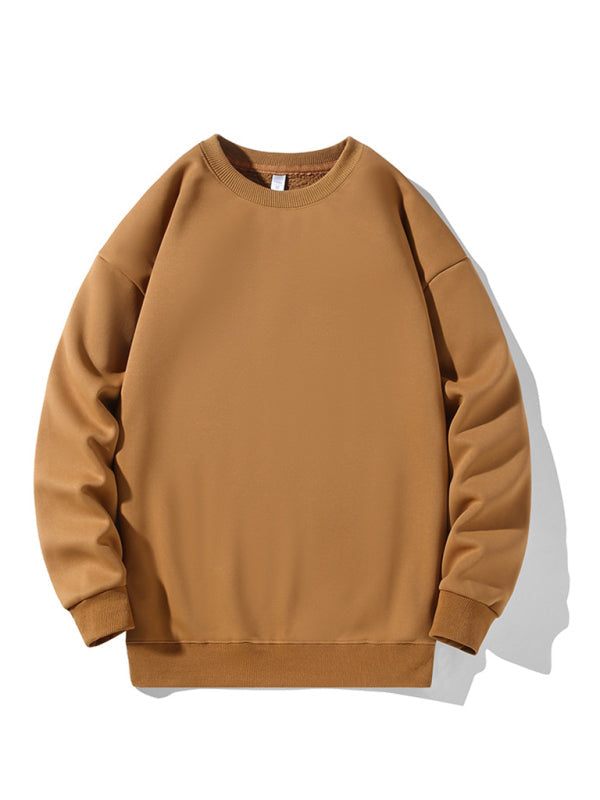 Men's solid color round neck long sleeve sweatshirt, polyester-cotton blend, neutral color.