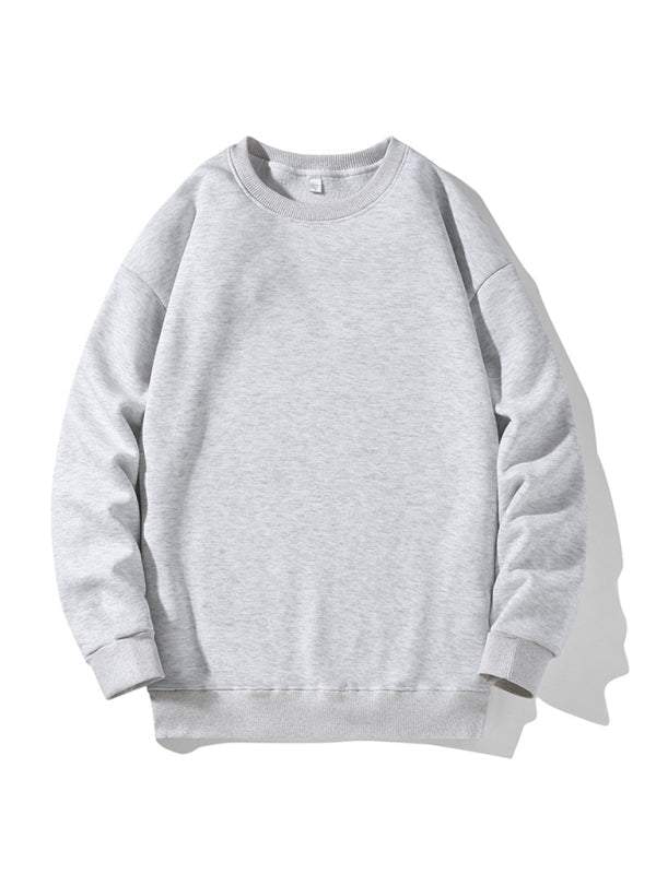 Men's solid color round neck long sleeve sweatshirt, comfortable blend of polyester and cotton.