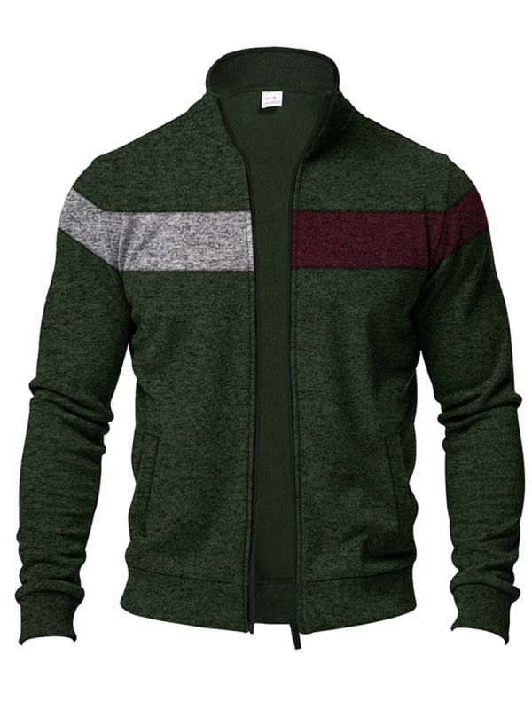 Men's heavy velvet stand collar zipper jacket with cationic stitching and contrast color.