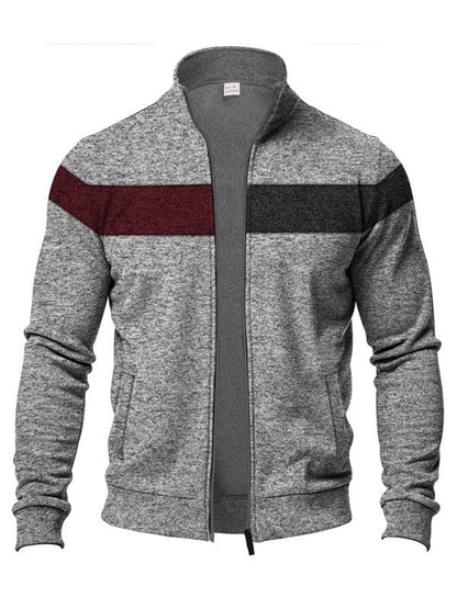 Men's heavy velvet stand collar zipper jacket with cationic stitching and contrast color design.