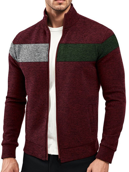 Men's velvet stand collar zipper jacket with cationic stitching and contrast color design, casual long sleeve sweatshirt.