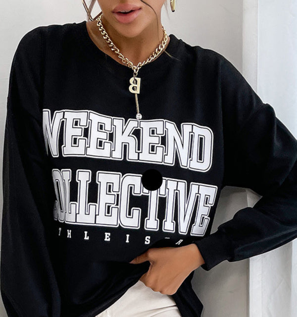 Women's casual letter print hoodie sweatshirt in black with long sleeves.