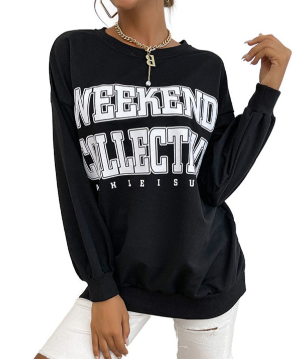 Women casual letter print hoodie sweatshirt, black pullover with "Weekend Collective" design, long sleeves.