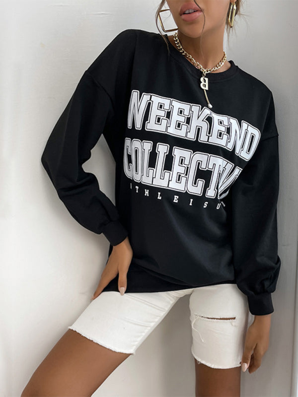 Women wearing black casual letter print hoodie sweatshirt.