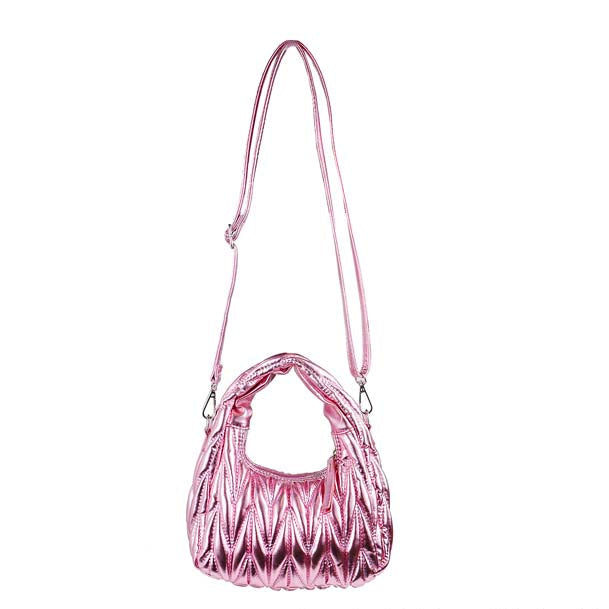 Plush Fashion Hub H-Miu bag in soft pink with silver chain strap, stylish accessory for casual or elegant outfits.