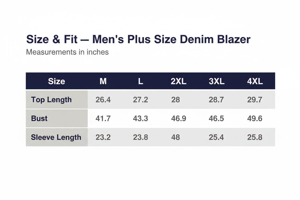 Plus size men's denim blazer with lapel collar from Plush Fashion Hub, featuring classic jean jacket style and stitching details.