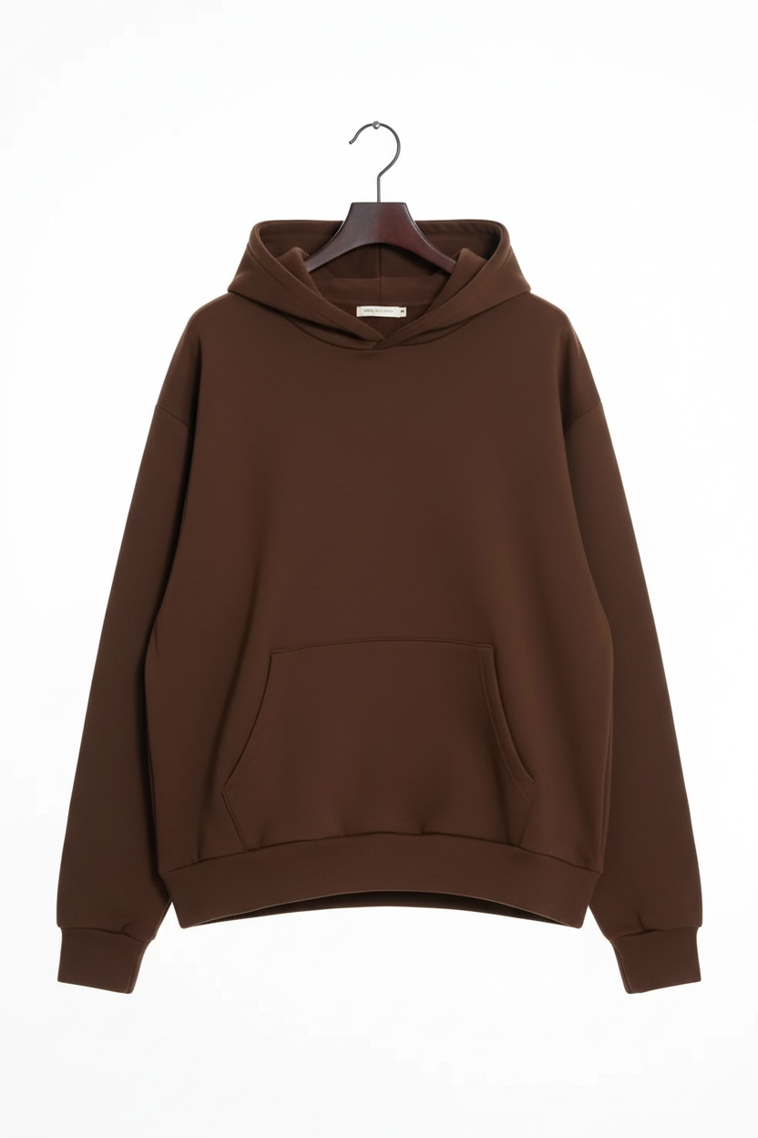 Front view of chocolate brown letter print oversized hoodie on hanger