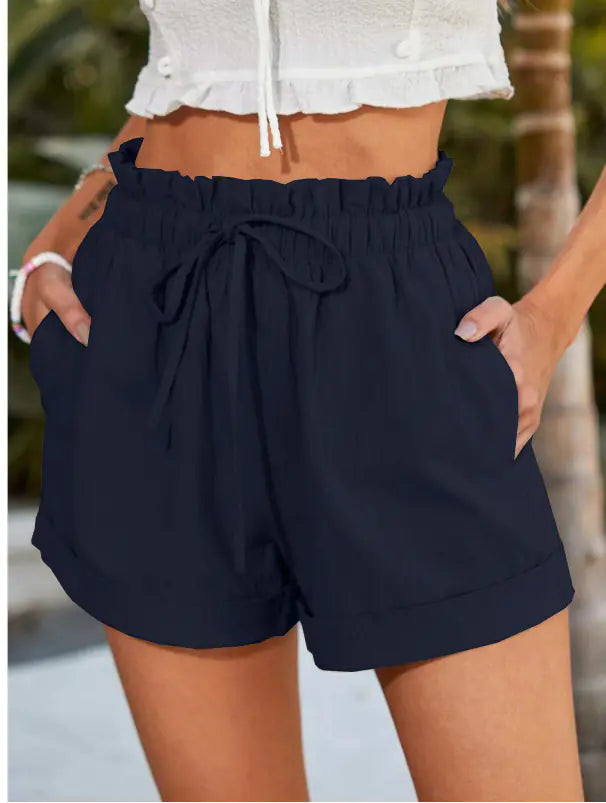 Light beige minimalist women's drawstring shorts with pockets, casual and comfortable, from Trendy Attic Store01.